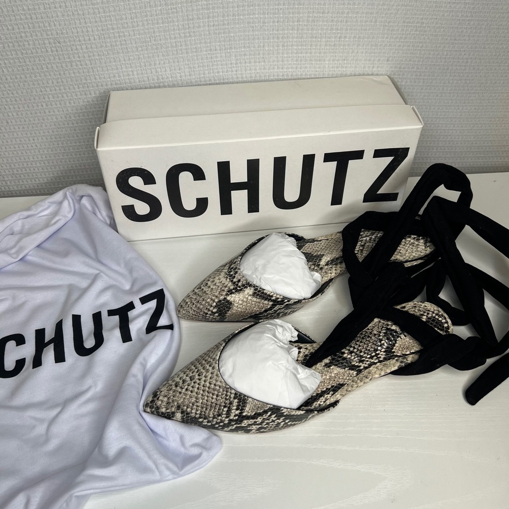 Schutz Barbrah Flat Snake Print Ankle Wrap Pointed Toe Shoes Natural Black 7.5B